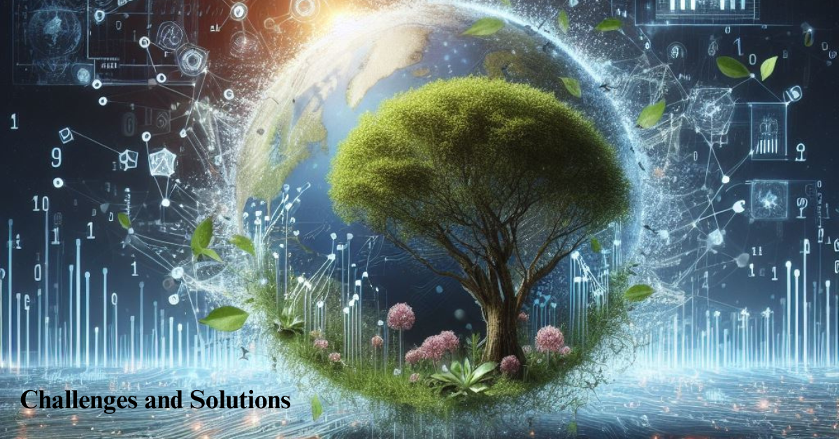 Illustration depicting challenges and solutions in sustainable digitalization, symbolizing the complexities and opportunities in the transition to eco-friendly technology.