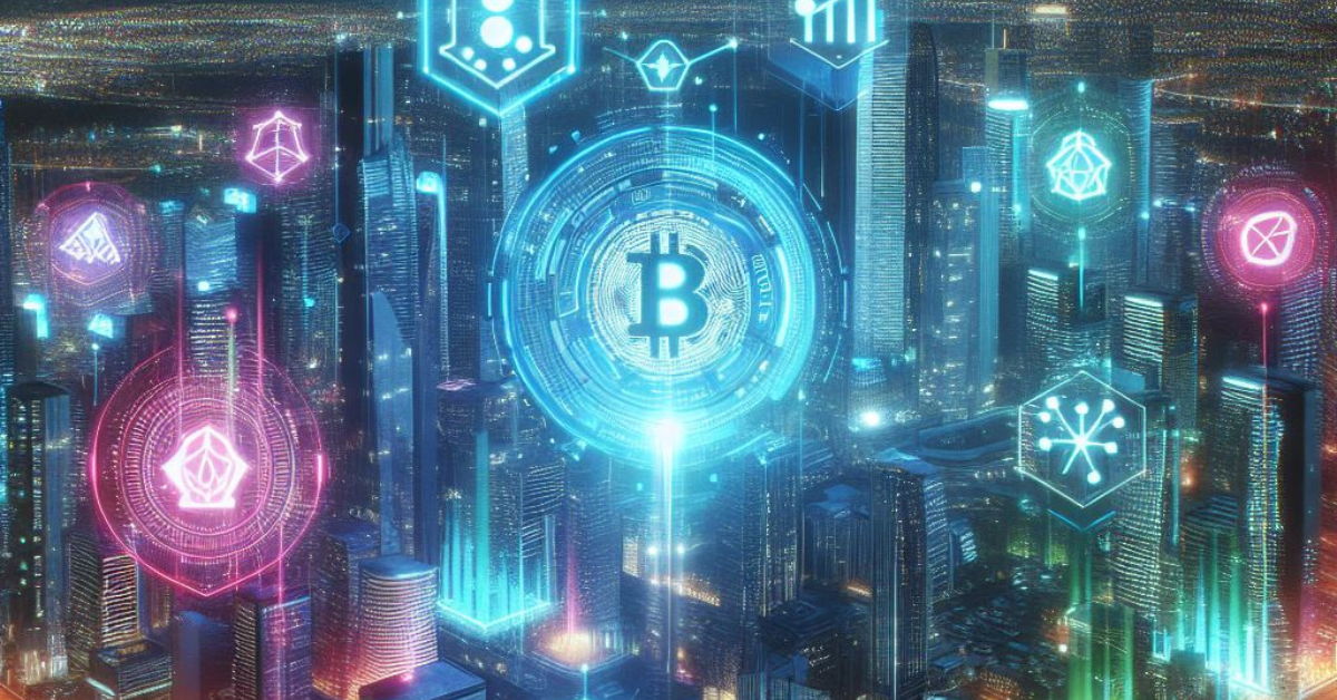  A futuristic image showcasing various blockchain technology trends in the finance sector.