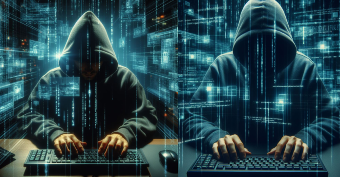 A digital illustration of a white hat hacker using ethical hacking and penetration testing techniques on a computer system.