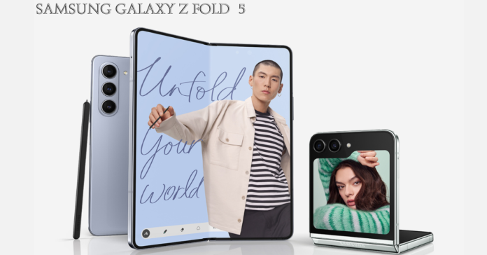 A Samsung Galaxy Z Fold 5 smartphone, unfolded, showcasing its large, vibrant display.