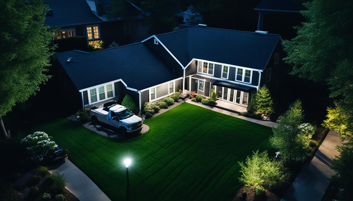 Show a house exterior at night with the Arlo Pro 3 Floodlight Camera illuminating the driveway and yard. The camera should be mounted on a wall or eave and wire-free, with no visible cords or power source. The camera should be angled to capture a wide view of the surroundings and have clear, high-definition video quality. The floodlight should be bright enough to deter potential intruders and illuminate the area for easy navigation. The image should convey a sense of safety and security for the homeowner.