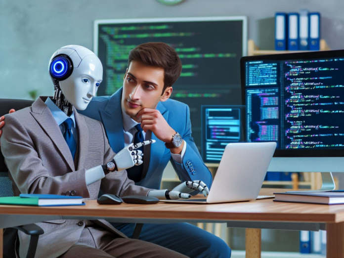 A humanoid robot and a human collaborator working side by side at a desk with computer screens displaying code.