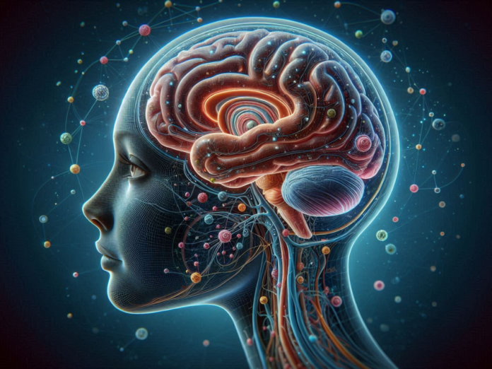 A digital illustration of a human profile with a detailed depiction of the brain, neurons, and neural connections, symbolizing AI in healthcare.