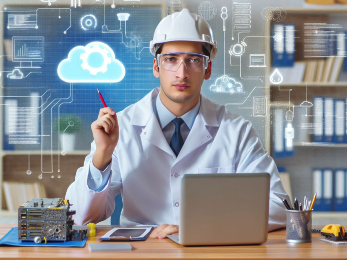 A data engineer wearing a white lab coat and hard hat sits at a desk with a laptop and electronic components, surrounded by digital cloud and data icons representing cloud computing and data engineering.