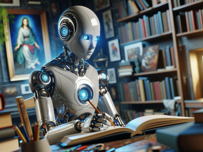 A humanoid robot with glowing blue eyes is seated at a desk, writing in an open book. The robot is in a cozy library filled with shelves of books and framed artwork, including a religious painting in the background.