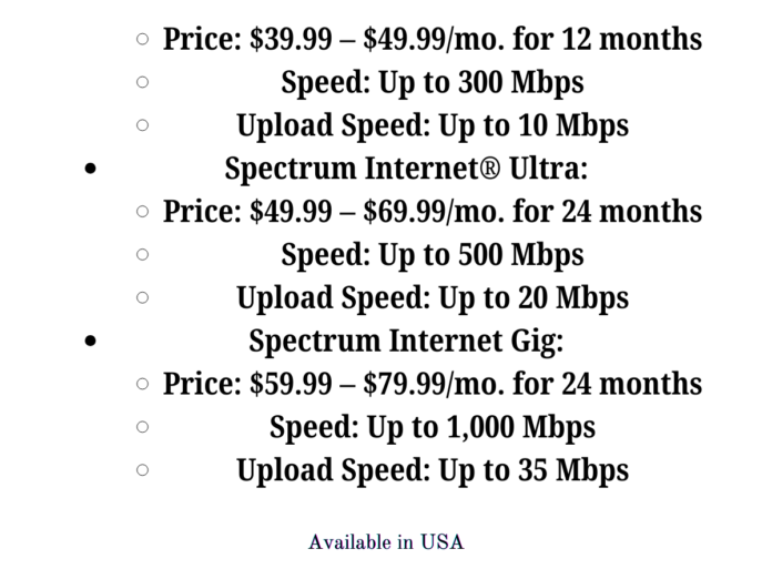 Comparison chart of Spectrum Internet service plans with prices and speeds.