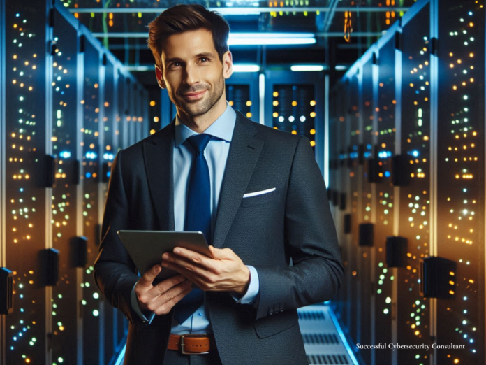 A successful cybersecurity consultant, wearing a sharp suit and holding a tablet, stands confidently in a high-tech server room. The background is filled with illuminated servers and data lights, emphasizing a secure and modern digital environment.