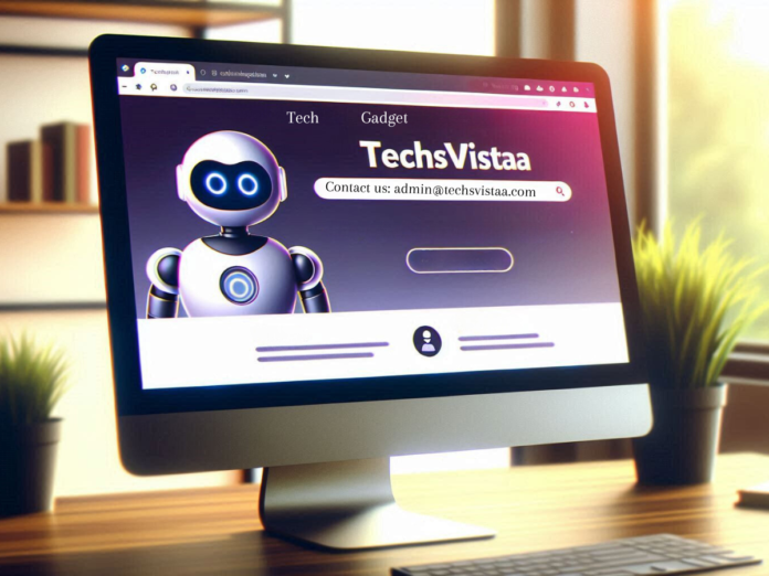 A computer monitor displaying the homepage of TechsVistaa.com, featuring a friendly robot graphic and a contact email.