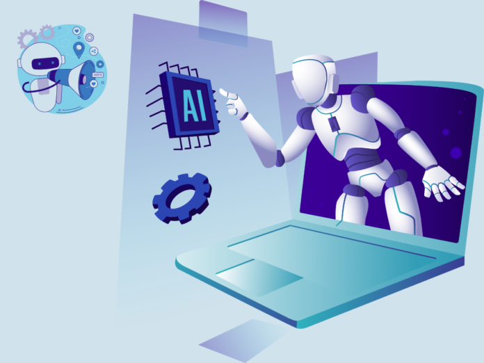 A graphic illustration of a humanoid robot emerging from a laptop screen, reaching towards an ‘AI’ symbol.