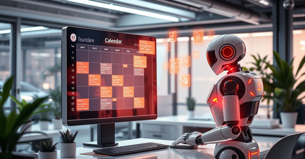 A futuristic office scene with a sleek digital interface displaying an organized calendar, vibrant holographic reminders floating around, a serene workspace with plants, and a robot assistant interacting smoothly with the scheduling system, in a bright and modern environment.