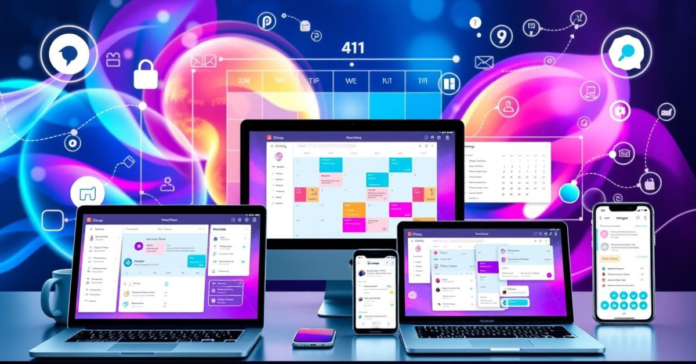 A sleek, modern digital workspace showcasing a variety of AI scheduling assistant interfaces on multiple devices, including laptops and smartphones. The background features a vibrant, abstract representation of a calendar filled with dates and reminders, surrounded by icons symbolizing productivity and organization, all set in a futuristic design with a tech-savvy ambiance.