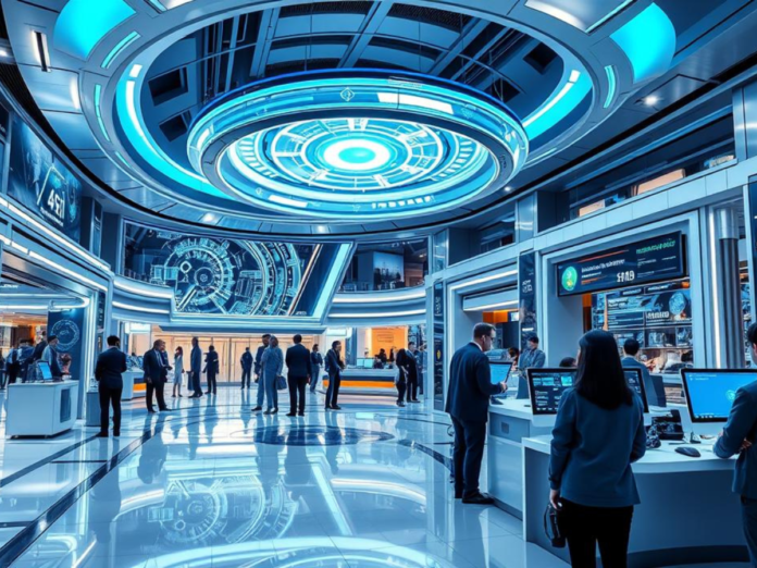 A futuristic financial institution interior, showcasing advanced AI technology with holographic displays, robotic assistants, and digital dashboards, sleek architecture, vibrant blue and silver color scheme, bustling atmosphere of professionals collaborating with AI systems.