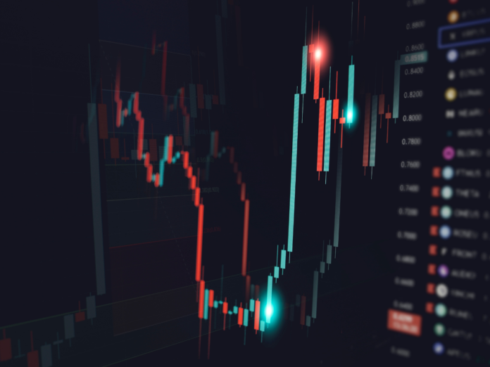 A digital chart showing fluctuating candlestick patterns representing market data on a financial trading platform.