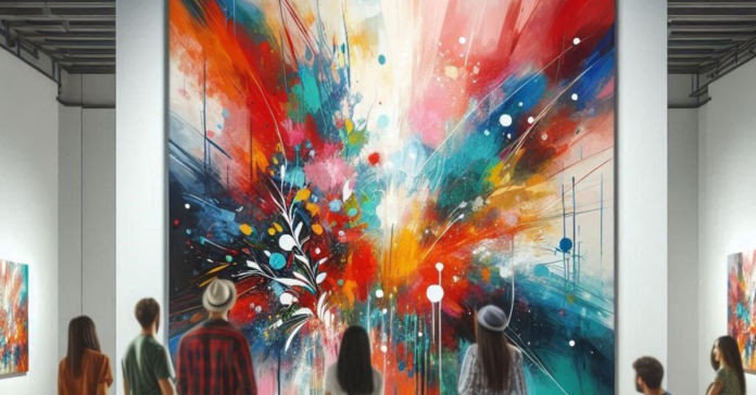 A vibrant abstract painting displayed in an art gallery, with onlookers admiring the explosion of colors and dynamic brush strokes.