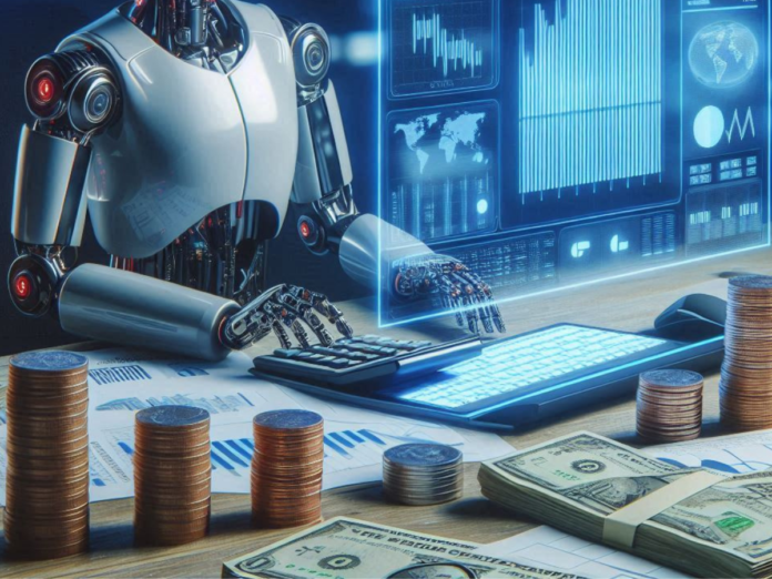 A robot working at a desk with financial charts, a keyboard, stacked coins, and dollar bills, analyzing financial data on a digital screen.