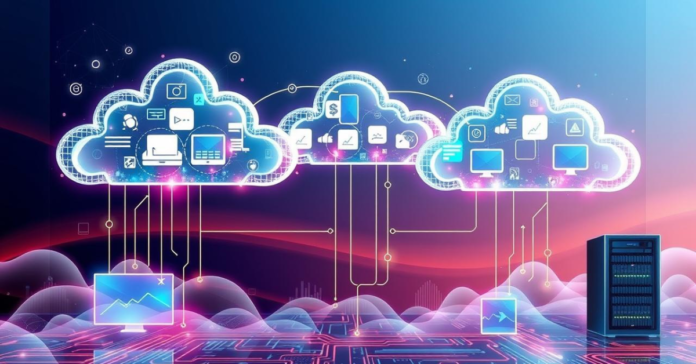 Digital illustration of three cloud servers interconnected with various digital devices and data icons, symbolizing cloud computing and data storage.