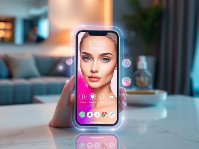 A sleek, modern smartphone displaying a sophisticated beauty app interface, featuring vibrant colors and user-friendly design elements, with a glowing holographic effect around the device. The background is a softly blurred, stylish interior setting that exudes luxury and elegance, emphasizing technology and innovation in personal enhancement.