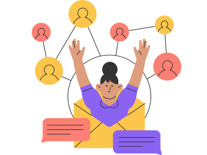 Illustration of a person with raised arms emerging from an envelope, surrounded by connected profile icons, symbolizing networking and communication.