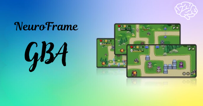 Illustration of NeuroFrame GBA with a game-based assessment interface on three screens, displaying a top-down view of a strategy game with paths, obstacles, and characters. The background gradient transitions from blue to green, and a brain icon is positioned in the top right corner.