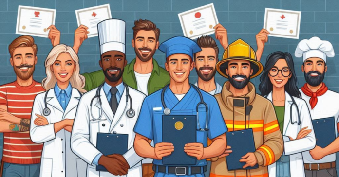 A group of cartoon characters representing various professions, each holding a certificate, with their faces covered by brown rectangles.