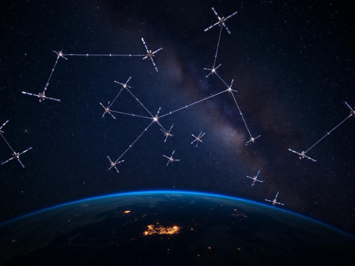 A sweeping night sky filled with a multitude of shining Starlink satellites, arranged in a dazzling constellation pattern, with Earth visible below, highlighting remote areas connecting to high-speed internet, vibrant stars twinkling around the satellites, evoking a sense of advanced technology and connectivity.