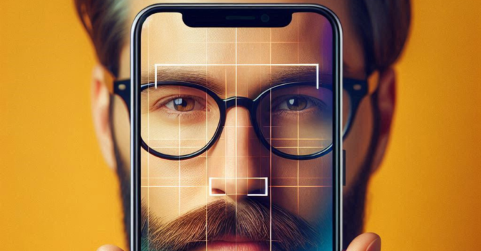 A person holding a smartphone displaying facial recognition technology, with digital square grids aligned over their face, emphasizing the eyes and nose.