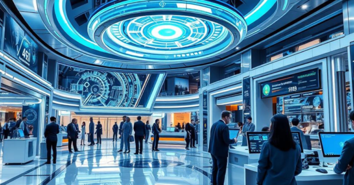 A futuristic financial institution interior, showcasing advanced AI technology with holographic displays, robotic assistants, and digital dashboards, sleek architecture, vibrant blue and silver color scheme, bustling atmosphere of professionals collaborating with AI systems.