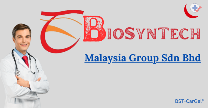 A logo for BioSynTech Malaysia Group Sdn Bhd, featuring a smiling doctor in a white coat with the product name 