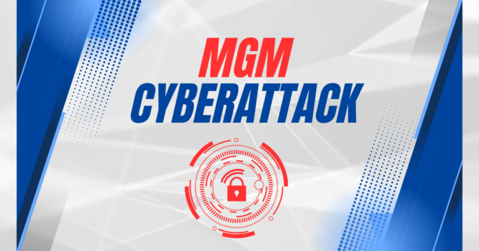 Graphic displaying the words 'MGM Cyberattack' with a red lock icon in the center, surrounded by digital elements, symbolizing cybersecurity.