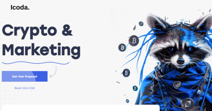 Icoda website header featuring a stylized raccoon wearing a blue scarf with cryptocurrency symbols floating around.