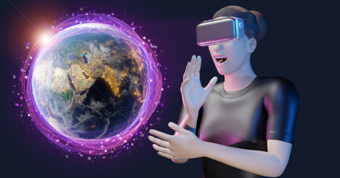 A person wearing a virtual reality headset interacts with a holographic globe surrounded by a glowing purple network.