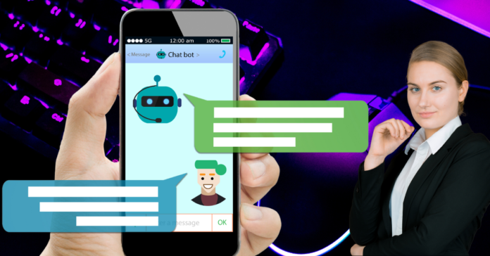 A hand holding a smartphone displaying a Mobile Chatbots conversation screen with text bubbles, alongside a businesswoman in a suit, standing against a neon-lit background.