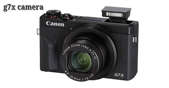 A Canon PowerShot G7 X Mark III compact camera with a zoom lens extended and a built-in flash popped up.