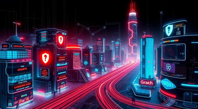 A futuristic cityscape with digital security elements integrated into buildings, glowing data streams flowing through the streets, abstract representations of grants and funding symbols like coins and financial graphs, surrounded by a network of interconnected technology, vibrant neon colors contrasting with dark backgrounds, evoking a sense of innovation and protection.